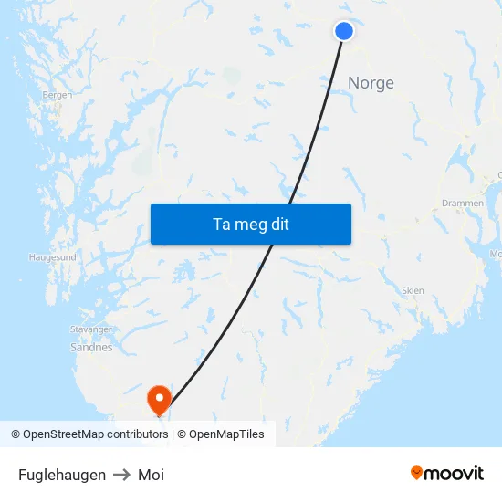 Fuglehaugen to Moi map