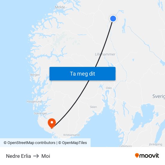 Nedre Erlia to Moi map