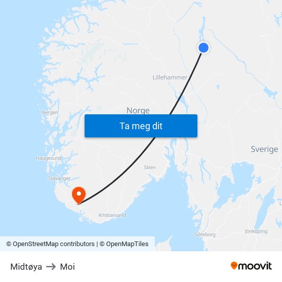 Midtøya to Moi map