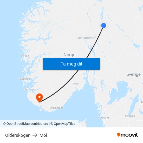 Olderskogen to Moi map