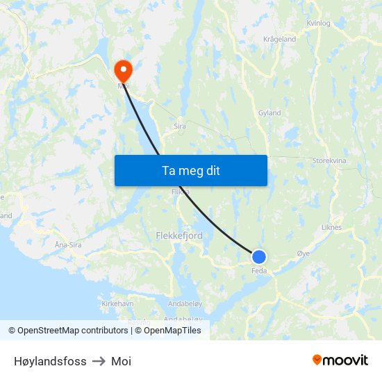 Høylandsfoss to Moi map