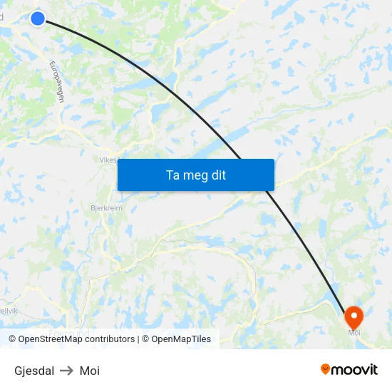 Gjesdal to Moi map