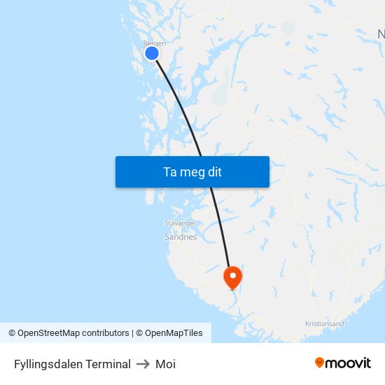 Fyllingsdalen Terminal to Moi map