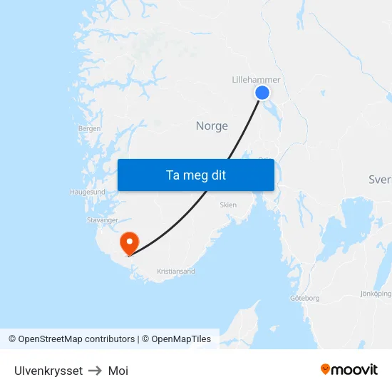 Ulvenkrysset to Moi map