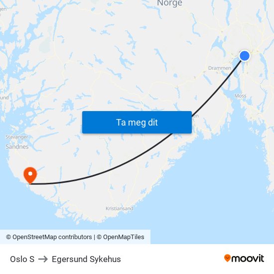 Oslo S to Egersund Sykehus map
