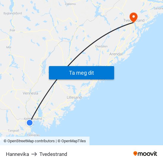 Hannevika to Tvedestrand map