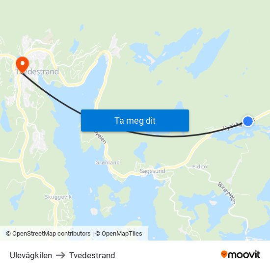 Ulevågkilen to Tvedestrand map