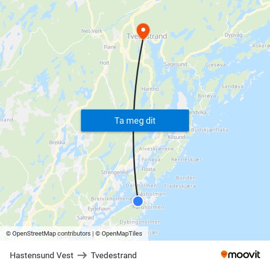 Hastensund Vest to Tvedestrand map