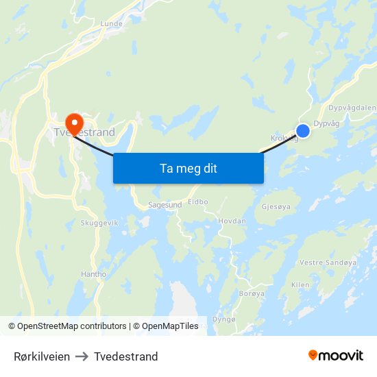 Rørkilveien to Tvedestrand map