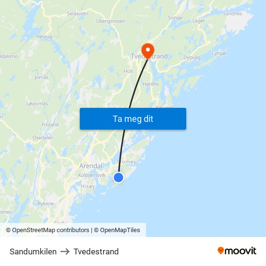 Sandumkilen to Tvedestrand map