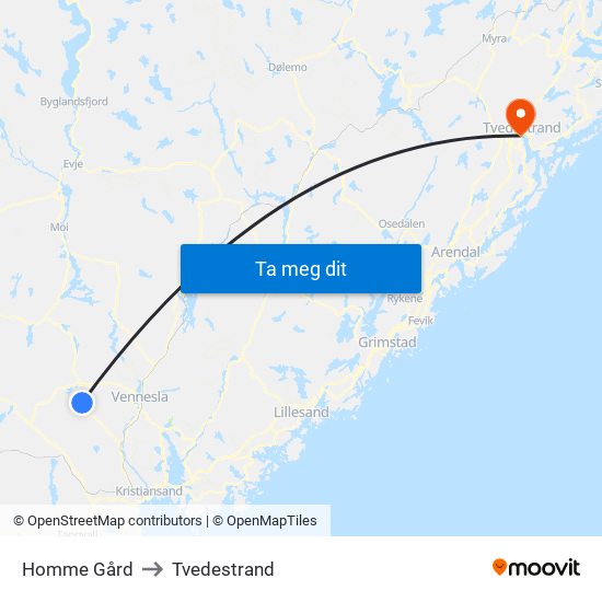 Homme Gård to Tvedestrand map