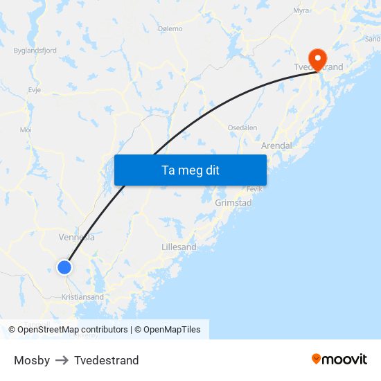 Mosby to Tvedestrand map