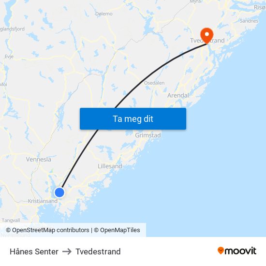 Hånes Senter to Tvedestrand map