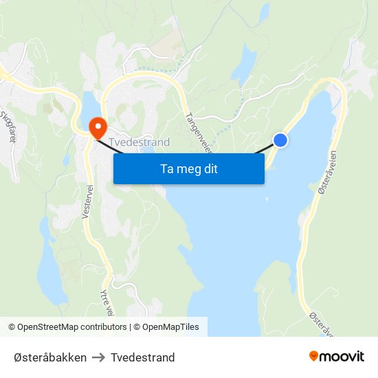 Østeråbakken to Tvedestrand map