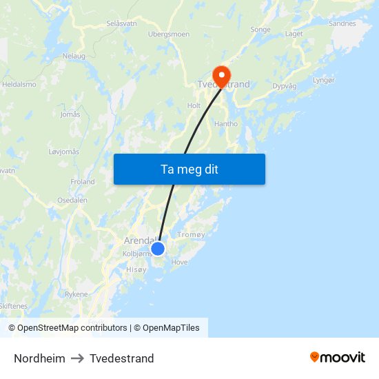 Nordheim to Tvedestrand map