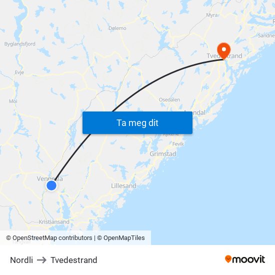 Nordli to Tvedestrand map