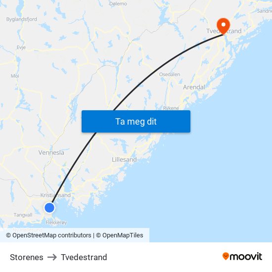 Storenes to Tvedestrand map