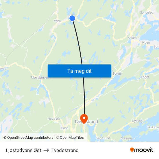 Ljøstadvann Øst to Tvedestrand map