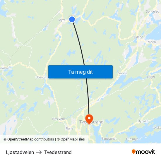 Ljøstadveien to Tvedestrand map