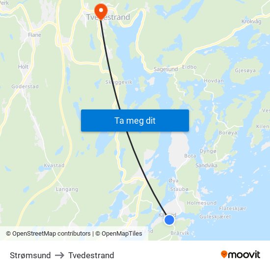 Strømsund to Tvedestrand map