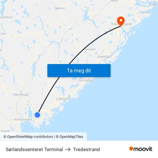 Sørlandssenteret Terminal to Tvedestrand map