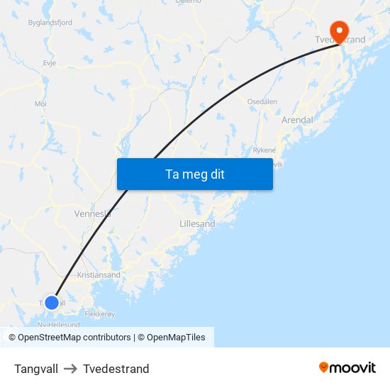 Tangvall to Tvedestrand map