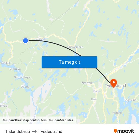 Tislandsbrua to Tvedestrand map