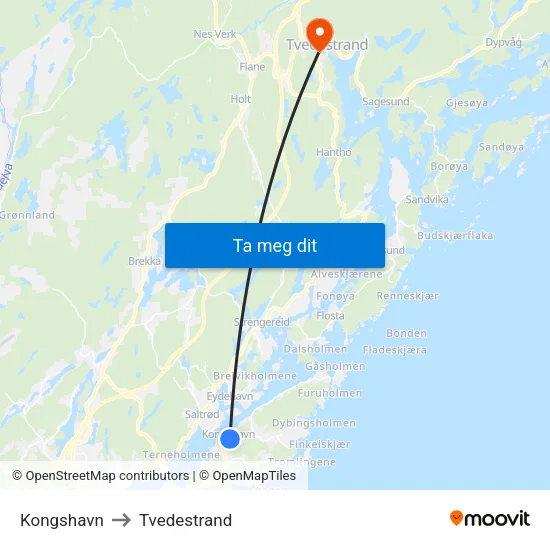 Kongshavn to Tvedestrand map
