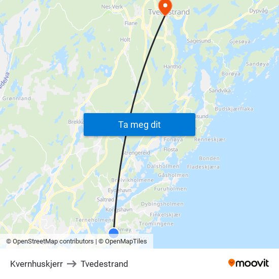 Kvernhuskjerr to Tvedestrand map