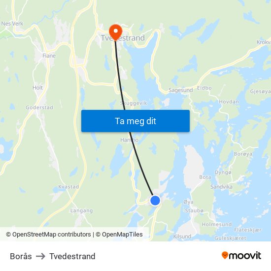 Borås to Tvedestrand map