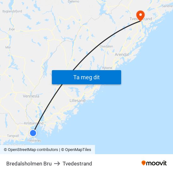 Bredalsholmen Bru to Tvedestrand map