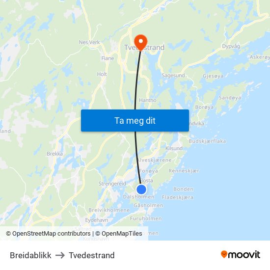 Breidablikk to Tvedestrand map