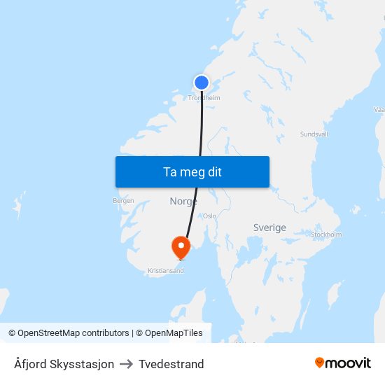 Åfjord Skysstasjon to Tvedestrand map