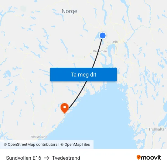 Sundvollen E16 to Tvedestrand map