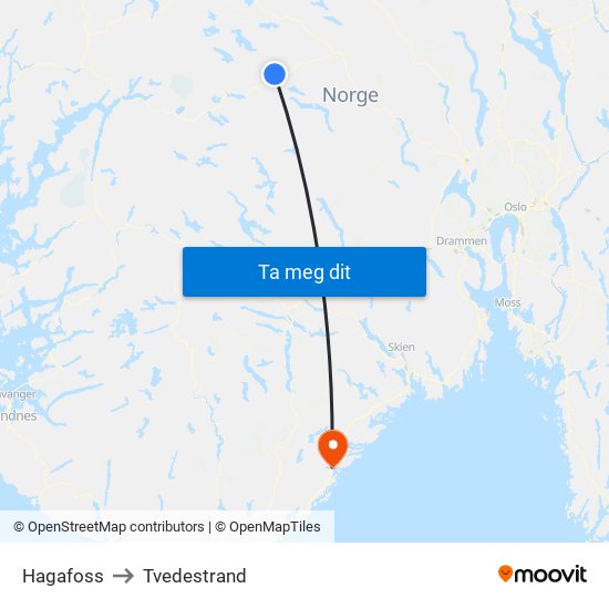 Hagafoss to Tvedestrand map