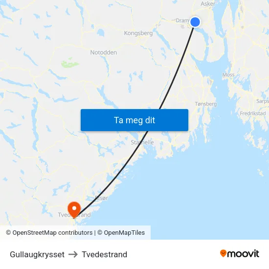 Gullaugkrysset to Tvedestrand map