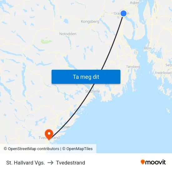 St. Hallvard Vgs. to Tvedestrand map