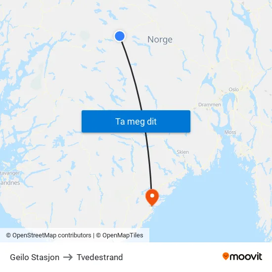 Geilo Stasjon to Tvedestrand map