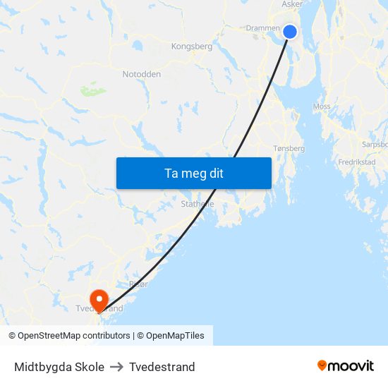 Midtbygda Skole to Tvedestrand map