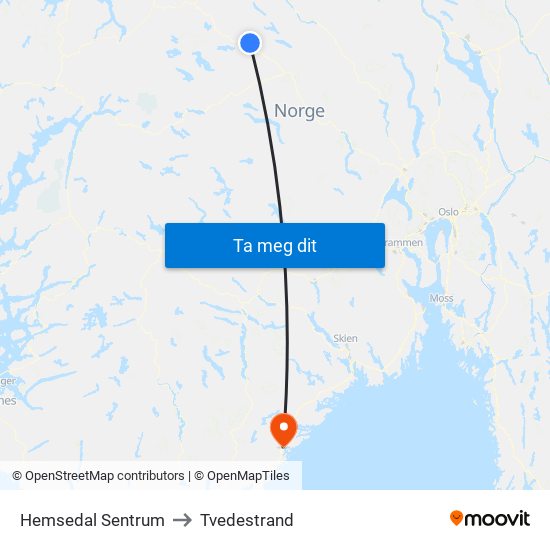 Hemsedal Sentrum to Tvedestrand map