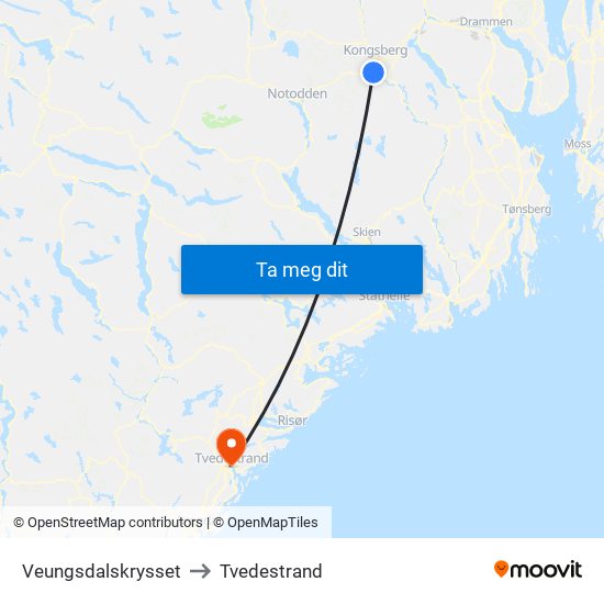 Veungsdalskrysset to Tvedestrand map