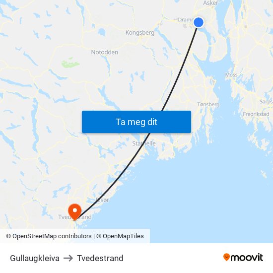 Gullaugkleiva to Tvedestrand map