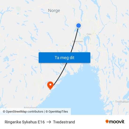 Ringerike Sykehus E16 to Tvedestrand map