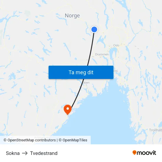 Sokna to Tvedestrand map