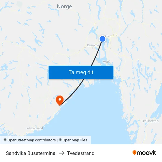 Sandvika Bussterminal to Tvedestrand map