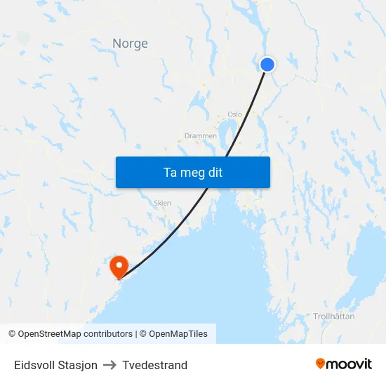 Eidsvoll Stasjon to Tvedestrand map