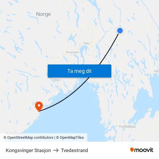 Kongsvinger Stasjon to Tvedestrand map