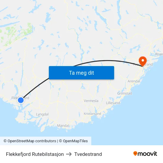 Flekkefjord Rutebilstasjon to Tvedestrand map
