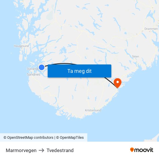 Marmorvegen to Tvedestrand map