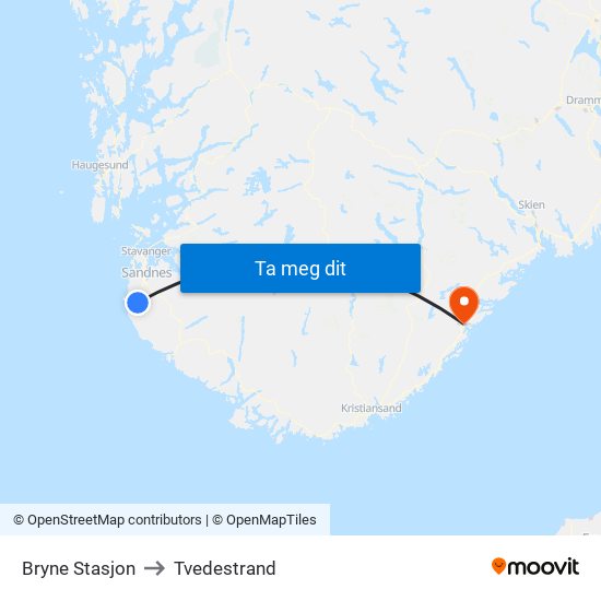 Bryne Stasjon to Tvedestrand map